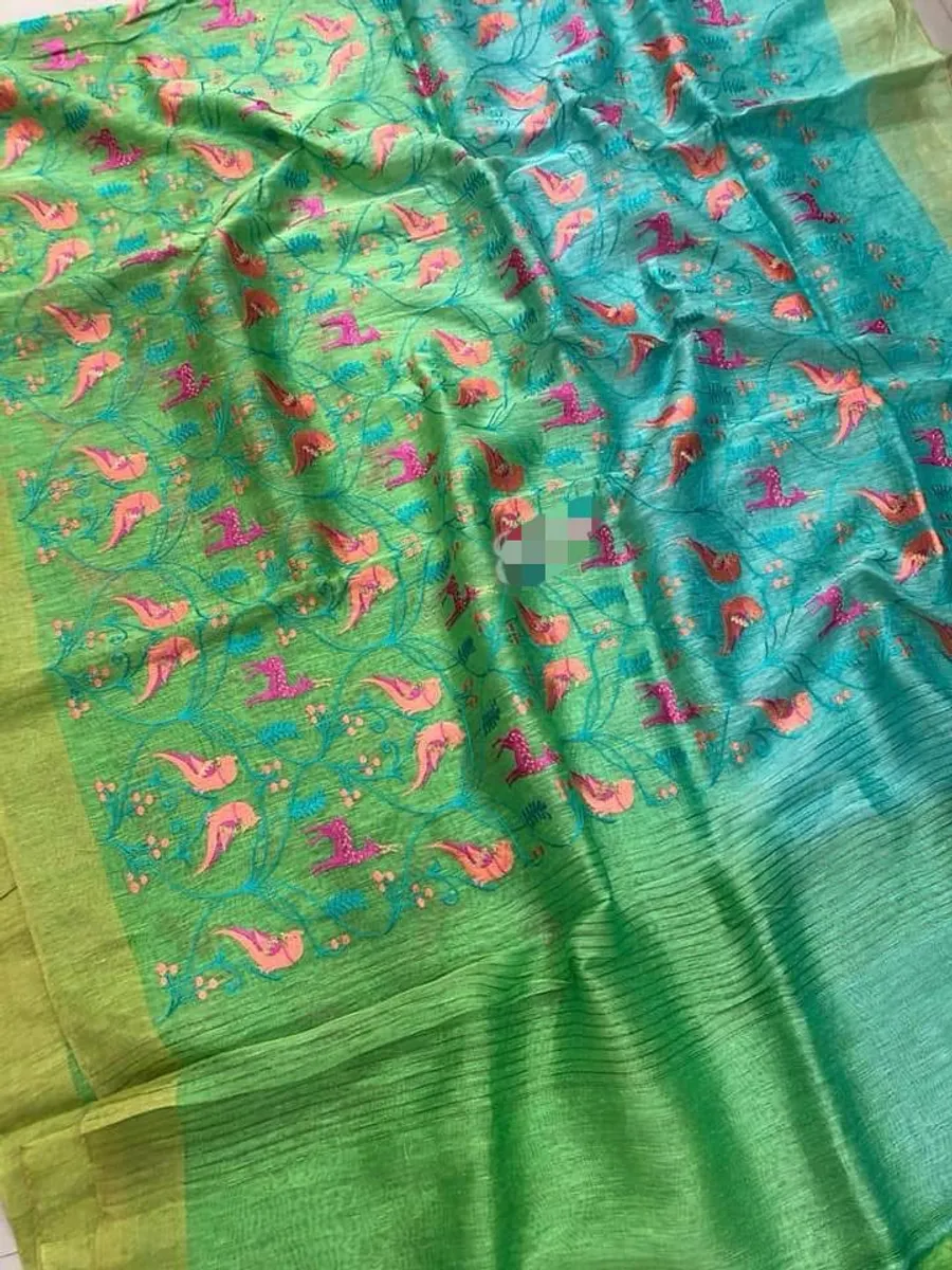 Pure Silk Linen Saree with Jari Border – New Floral & Bird Embroidery Work